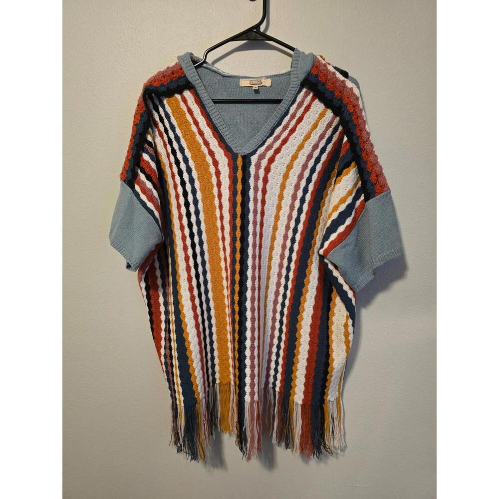 Gimmicks Hooded Multicolor Striped Fringe Boho Knit Sweater (M)